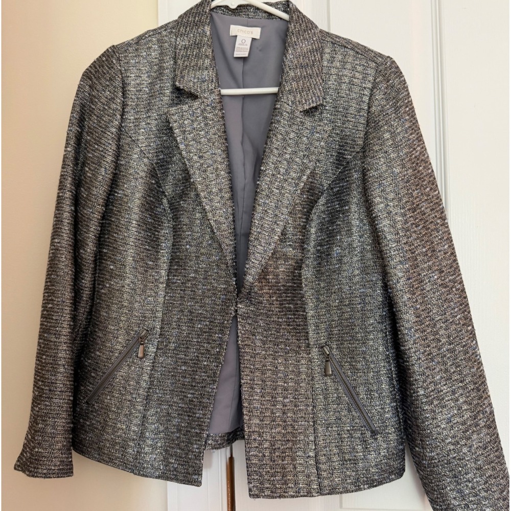 Chicos Metallic Tweed Blazer Jacket Grey Gold Textured Zip Pockets Size 0 Small